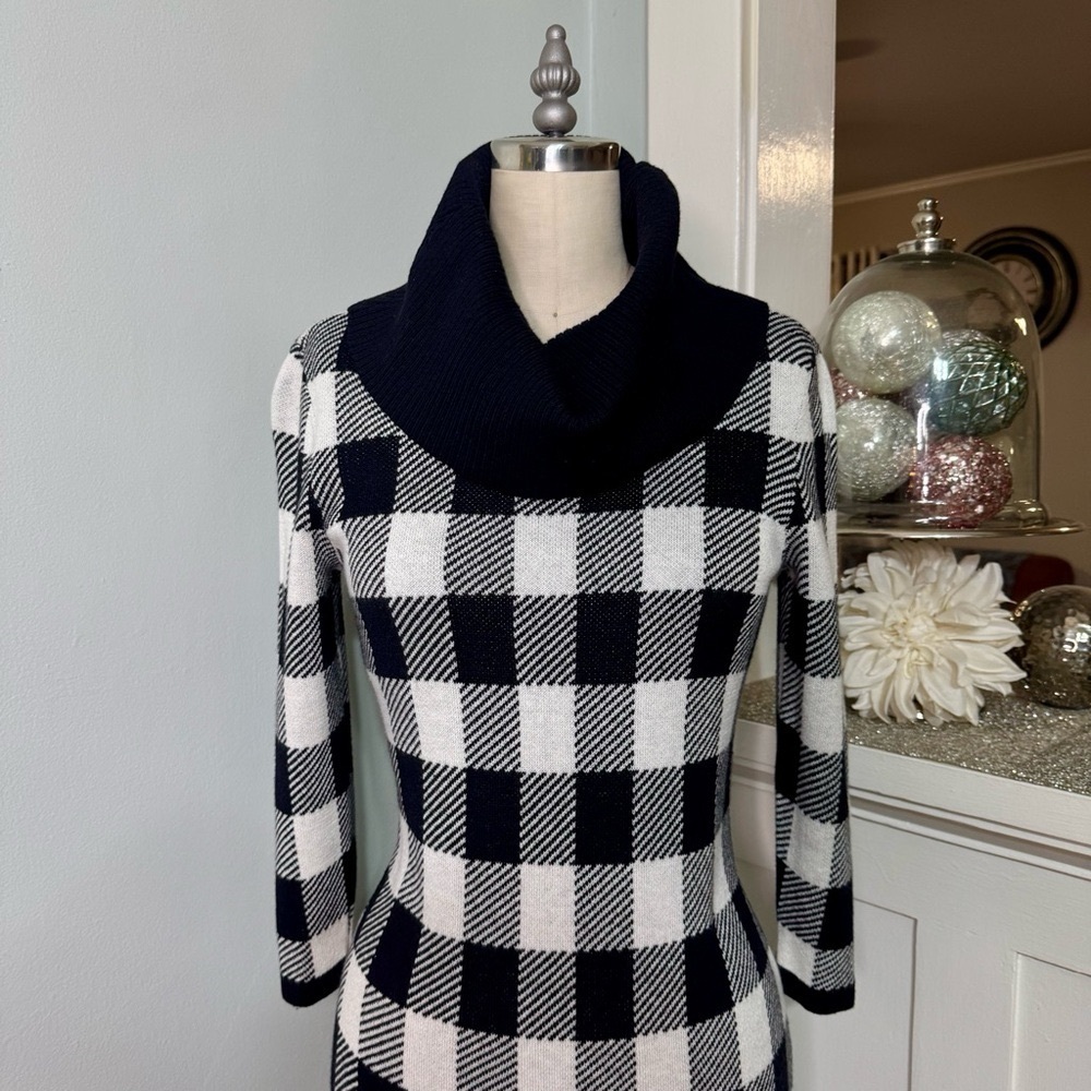 Talbots Cashmere Blend Buffalo Plaid Sweater Dress Black White Size P XS - Picture 3 of 12